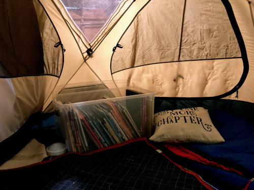 View from inside the tent. Blankets on floor, books in a plastic bin, and a pillow that reads "Just One More Chapter".
