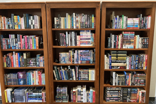 Three bookshelves crammed with fiction books.