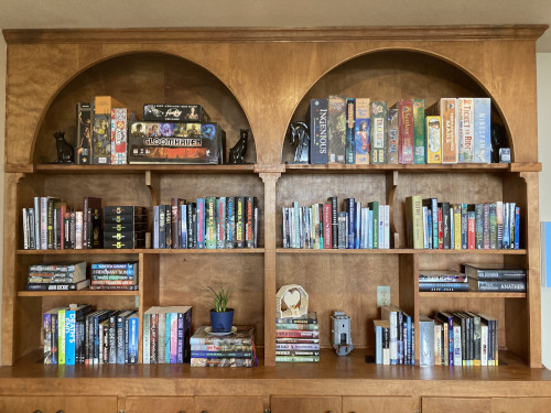 Built-in bookcase with games and books.