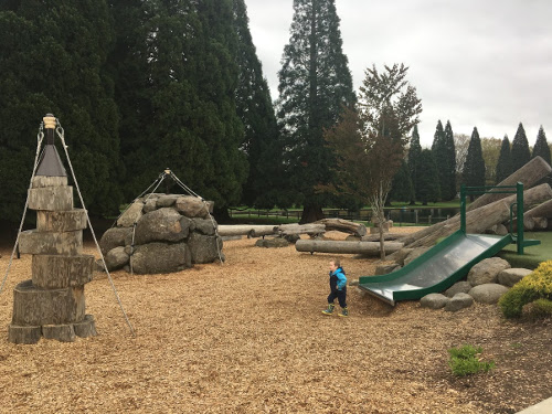 Natural Playground with slide, rock towers, and logs.