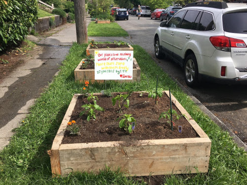 Raised garden bed with sign in it.