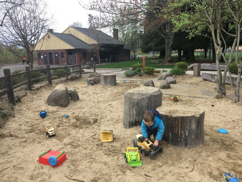 Sand pit with toys and stumps.