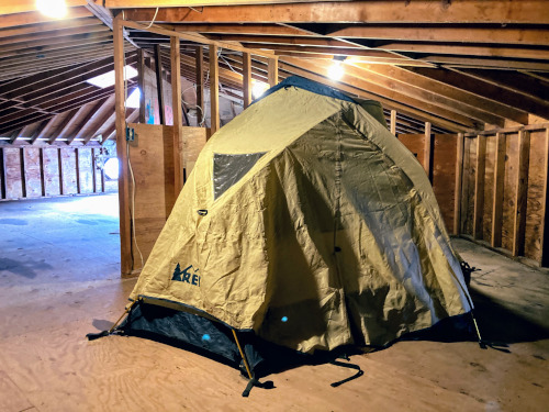 REI brand tent, with rain fly on, setup in an unfinished garage.