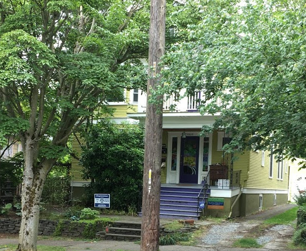 House with purple stairs surrounded by trees.