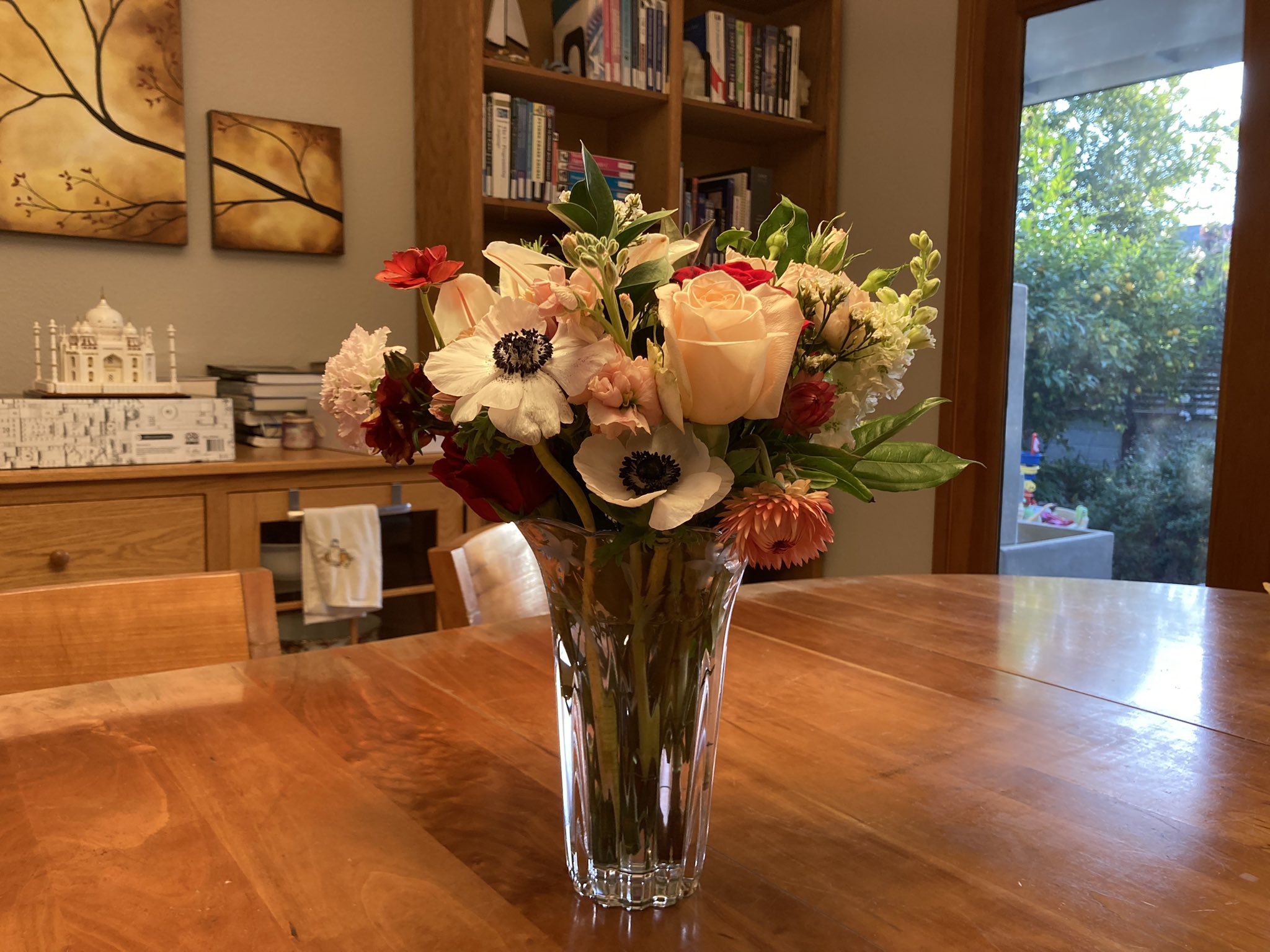 Flower arrangement in glass vase.