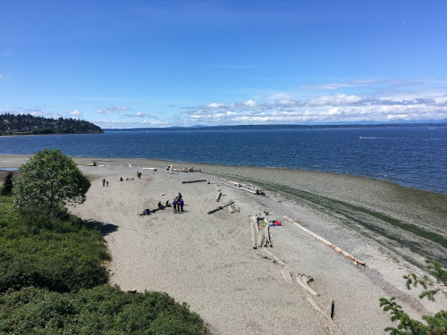 View of beach from pedestrian bridge.