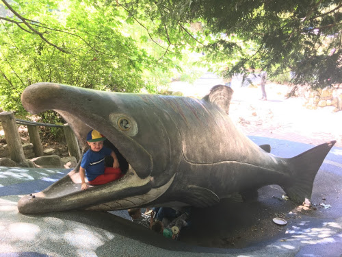 Julian sitting in the mouth of the Salmon slide.