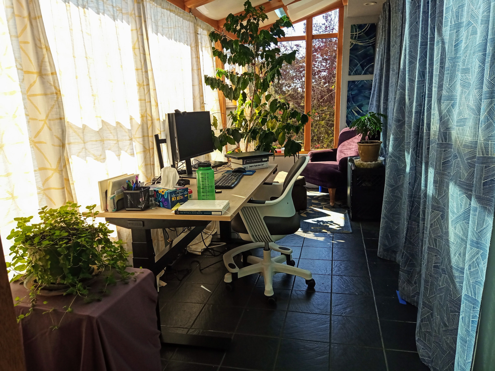 Sunroom office with desk lowered to sitting height. Desk chair is in front of desk.
